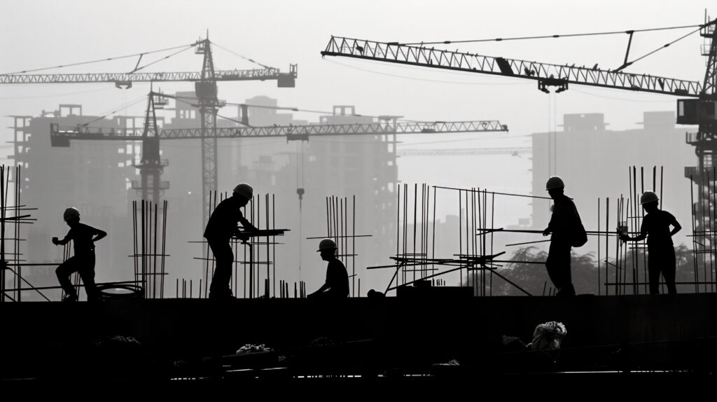 Construction worker in UAE carrying building materials on site – legal helper job with company accommodation.