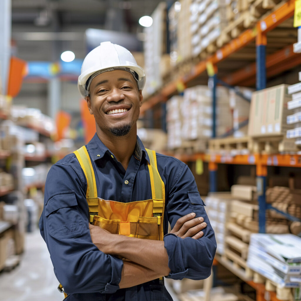 Warehouse worker organizing boxes and loading goods in UAE logistics center – legal blue collar job